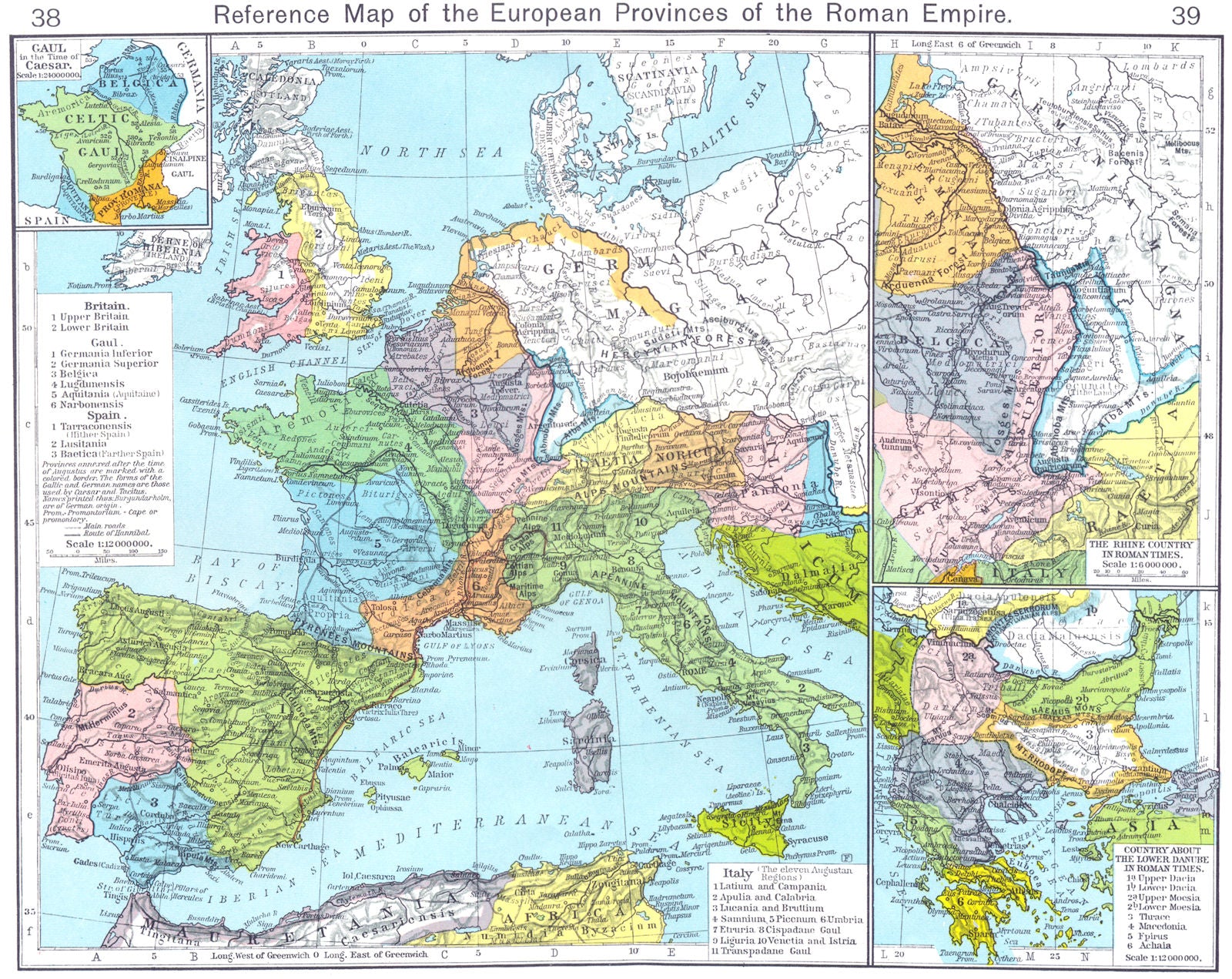 ROMAN EMPIRE. European Provinces; Gaul, Caesar; Rhine; Lower Danube 1956 map